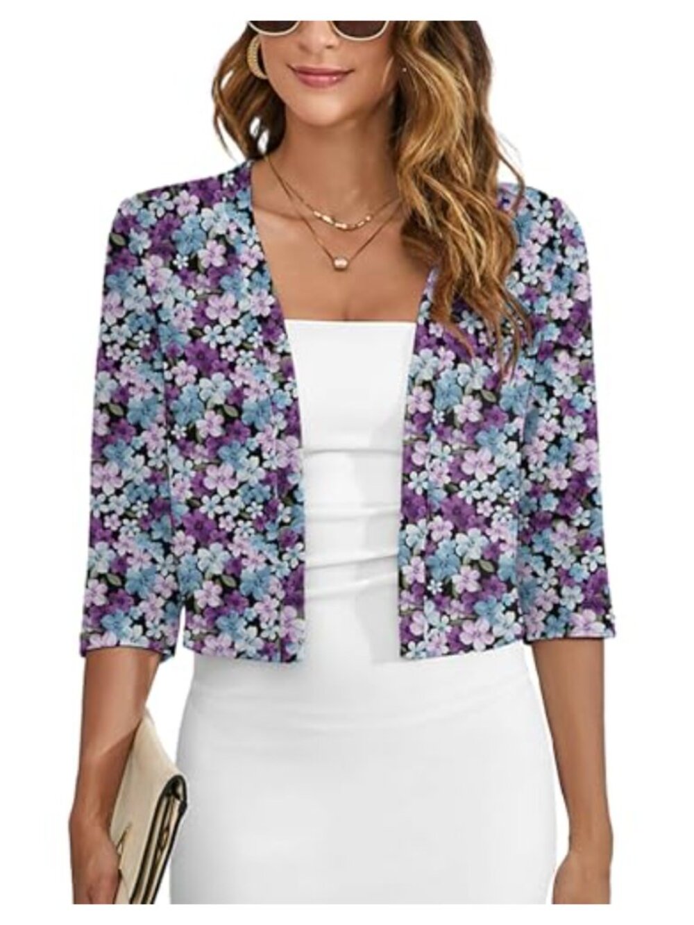 Women's Open Front Crochet Shrug Cardigan 3/4 Sleeve Double Ruffled